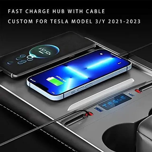 Alt view image 2 of 6 - AlphaDesignLuxe USB Hub for Tesla Model 3/Y 2021 2022 2023 Center Console, 5-in-1 Multi Port Docking Station with USB Ports, Type-C Ports and Charging Cable Holder, for Tesla Model 3 & Y Accessories