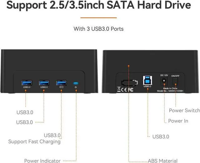 Alt view image 2 of 7 - USB 3.0 to SATA HDD/SSD Docking Station with 2 USB 3.0 Ports, 1 Fast Charge Port, Support for 14TB Drives - K308H