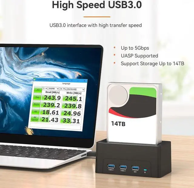 Alt view image 4 of 7 - USB 3.0 to SATA HDD/SSD Docking Station with 2 USB 3.0 Ports, 1 Fast Charge Port, Support for 14TB Drives - K308H