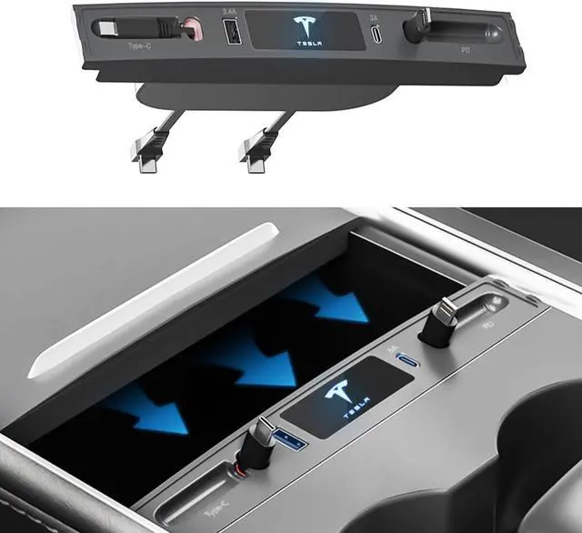 Main image of Rislobx Car USB Charger Multi Port for 2021 2022 2023 Tesla Model 3 Model Y, Multifunctional Tesla USB Hub with Retractable Charging Cable, Tesla Model 3/Y Docking Station Fit Center Console (Black)