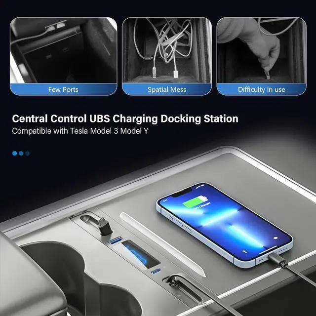 Alt view image 4 of 6 - Rislobx Car USB Charger Multi Port for 2021 2022 2023 Tesla Model 3 Model Y, Multifunctional Tesla USB Hub with Retractable Charging Cable, Tesla Model 3/Y Docking Station Fit Center Console (Black)