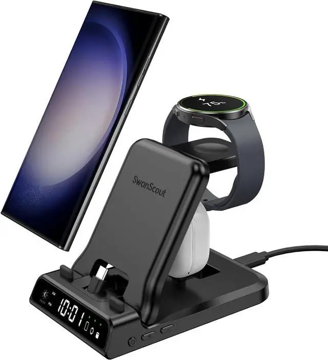 Main image of SwanScout Charging Station for Samsung, Foldable 25W 3 in 1 Super Fast Charging Dock Stand for Galaxy S23 Ultra/S22/S21/Z Flip 5/Z Fold 5/A54/A14/Buds, Samsung Watch Charger for Galaxy Watch 6/5/4/3