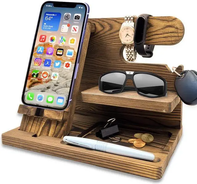 Main image of Wooden Docking Station for Men Husband Dad Key Wallet Stand Watch Unique Organizer Home Office Hotel Cellphone Charging Stand Desk Organizer Electronic Gift for Men's Gifts Ideas Accessory Gadgets