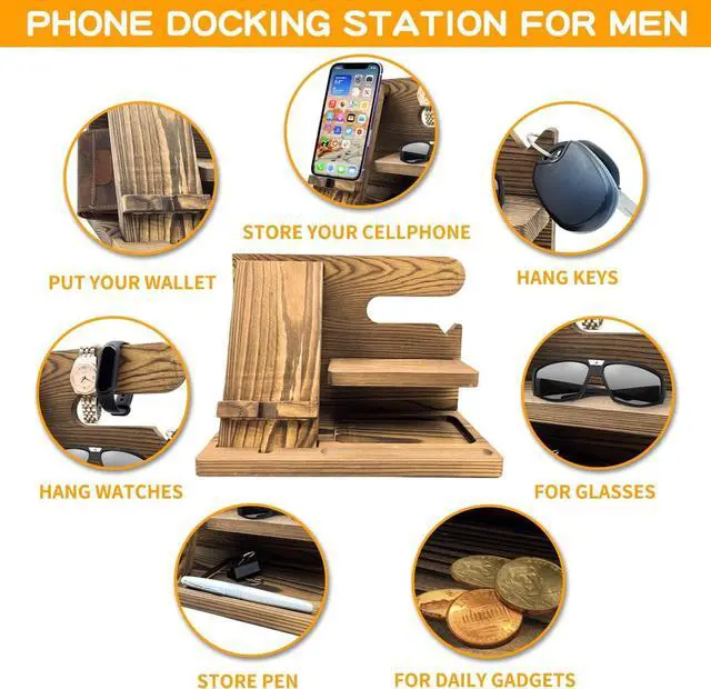 Alt view image 3 of 6 - Wooden Docking Station for Men Husband Dad Key Wallet Stand Watch Unique Organizer Home Office Hotel Cellphone Charging Stand Desk Organizer Electronic Gift for Men's Gifts Ideas Accessory Gadgets