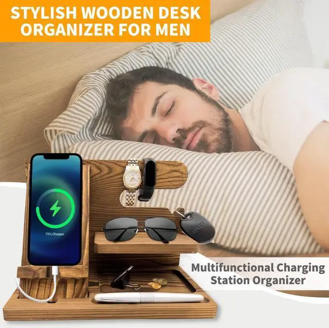 Alt view image 4 of 6 - Wooden Docking Station for Men Husband Dad Key Wallet Stand Watch Unique Organizer Home Office Hotel Cellphone Charging Stand Desk Organizer Electronic Gift for Men's Gifts Ideas Accessory Gadgets