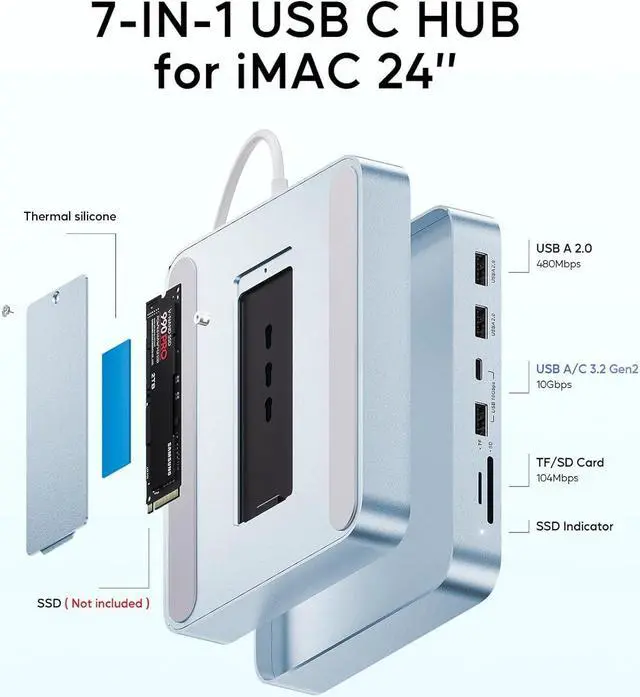 Alt view image 3 of 7 - USB C HUB for iMac 24 inch 2021/2023, PULWTOP 7 in 1 USB Hub Adapter iMac Accessories for iMac M1/M3 with USB C 10Gbps 3*USB A SD/TF, Docking Station Support Expand M.2 SSD (Not Included),Blue