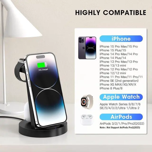 Alt view image 4 of 6 - 3 in 1 Charging Station for iPhone, Wireless Charger for iPhone 15 14 13 12 11 X Pro Max & Apple Watch - Charging Stand Dock for AirPods