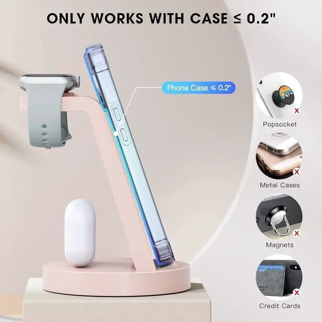 Alt view image 3 of 7 - 3 in 1 Charging Station for iPhone, Wireless Charger for iPhone 15 14 13 12 11 X Pro Max & Apple Watch - Charging Stand Dock for AirPods (Pink)