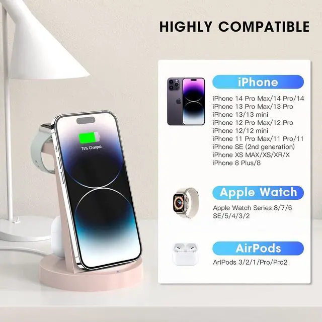 Alt view image 7 of 7 - 3 in 1 Charging Station for iPhone, Wireless Charger for iPhone 15 14 13 12 11 X Pro Max & Apple Watch - Charging Stand Dock for AirPods (Pink)
