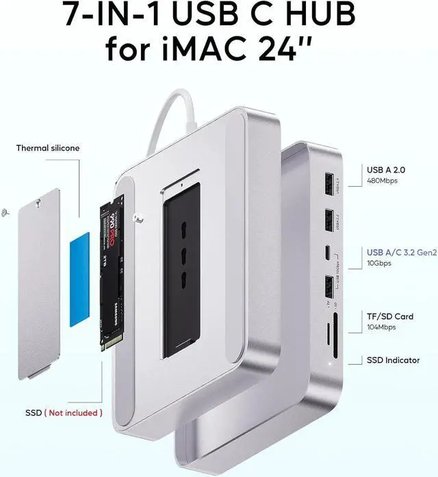 Alt view image 3 of 7 - USB C HUB for iMac 24 inch 2021/2023, PULWTOP 7 in 1 USB Hub Adapter iMac Accessories for iMac M1/M3 with USB C 10Gbps 3*USB A SD/TF, Docking Station Support Expand M.2 SSD (Not Included),Sliver