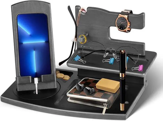Main image of Gifts for Men Fathers Day Rotating Wood Docking Station with Key Hooks Watch Bedside Organiser Spectacle Purse Pen Stand Male Gadgets Gifts for Dad Husband Wife Mum Anniversary Birthday Gifts for Him