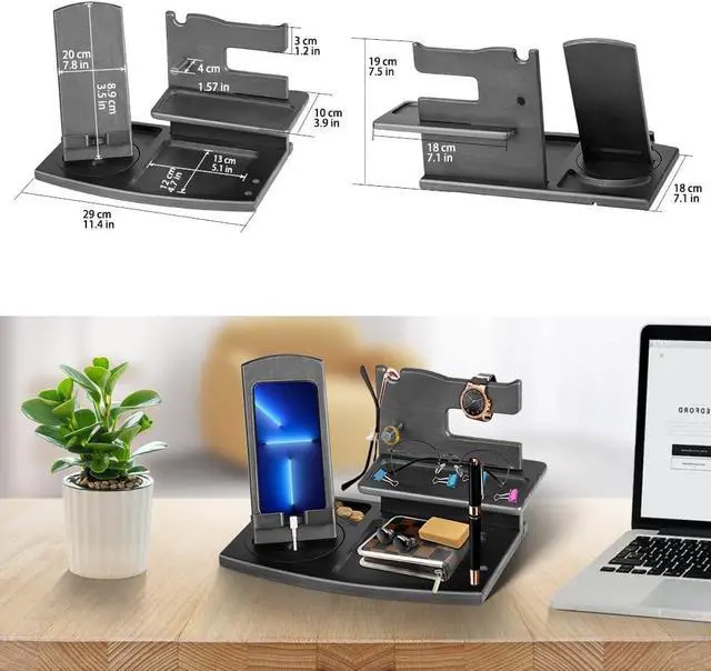 Alt view image 2 of 7 - Gifts for Men Fathers Day Rotating Wood Docking Station with Key Hooks Watch Bedside Organiser Spectacle Purse Pen Stand Male Gadgets Gifts for Dad Husband Wife Mum Anniversary Birthday Gifts for Him