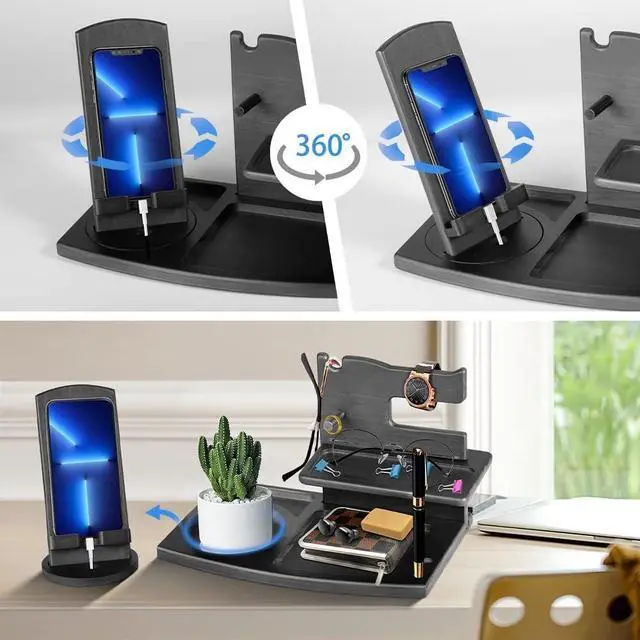 Alt view image 4 of 7 - Gifts for Men Fathers Day Rotating Wood Docking Station with Key Hooks Watch Bedside Organiser Spectacle Purse Pen Stand Male Gadgets Gifts for Dad Husband Wife Mum Anniversary Birthday Gifts for Him