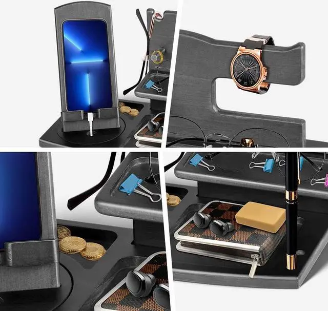 Alt view image 5 of 7 - Gifts for Men Fathers Day Rotating Wood Docking Station with Key Hooks Watch Bedside Organiser Spectacle Purse Pen Stand Male Gadgets Gifts for Dad Husband Wife Mum Anniversary Birthday Gifts for Him
