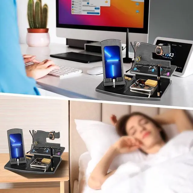 Alt view image 6 of 7 - Gifts for Men Fathers Day Rotating Wood Docking Station with Key Hooks Watch Bedside Organiser Spectacle Purse Pen Stand Male Gadgets Gifts for Dad Husband Wife Mum Anniversary Birthday Gifts for Him