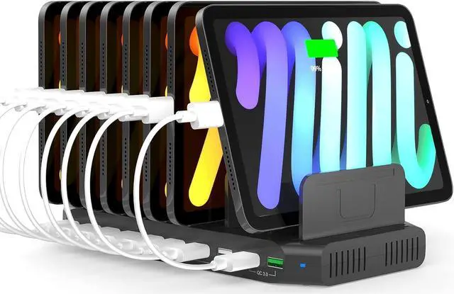 Main image of Alxum USB Charging Station 10 Port with 2 QC 3.0, Multi Fast Charging Dock Station for Multiple Devices, Organizer Stand with Detachable Dividers for Cell Phones, Tablets, and Other Electronics, Black