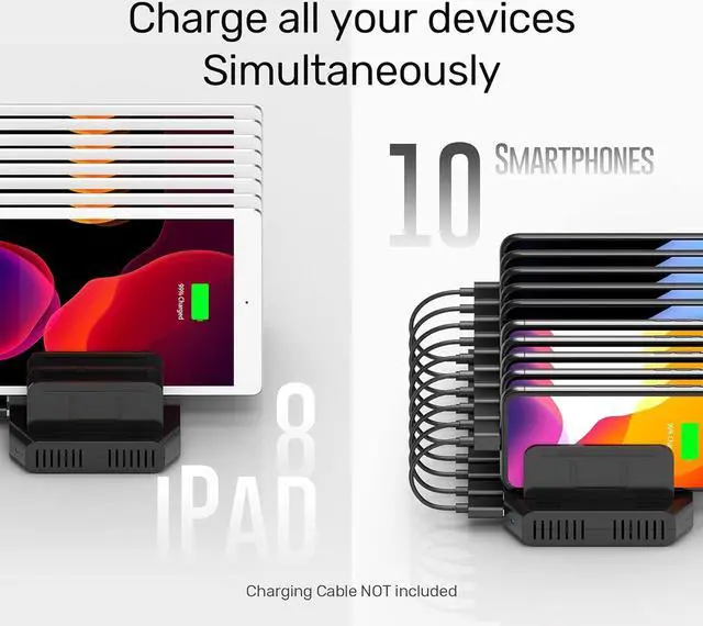 Alt view image 3 of 7 - Alxum USB Charging Station 10 Port with 2 QC 3.0, Multi Fast Charging Dock Station for Multiple Devices, Organizer Stand with Detachable Dividers for Cell Phones, Tablets, and Other Electronics, Black