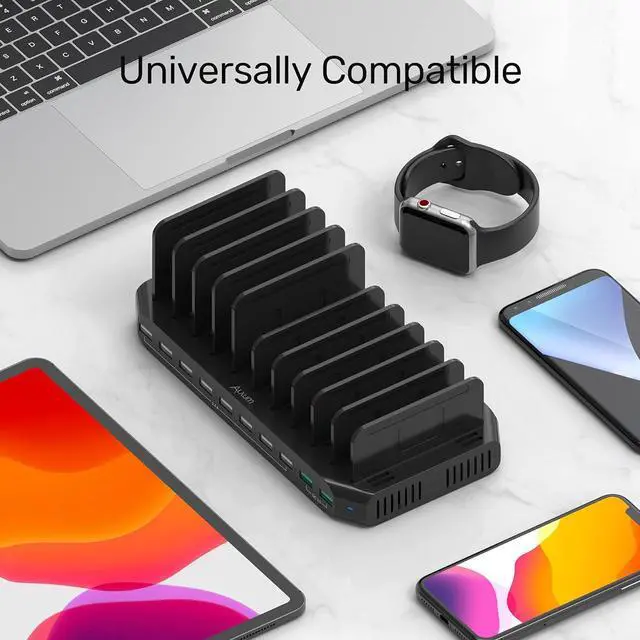 Alt view image 5 of 7 - Alxum USB Charging Station 10 Port with 2 QC 3.0, Multi Fast Charging Dock Station for Multiple Devices, Organizer Stand with Detachable Dividers for Cell Phones, Tablets, and Other Electronics, Black