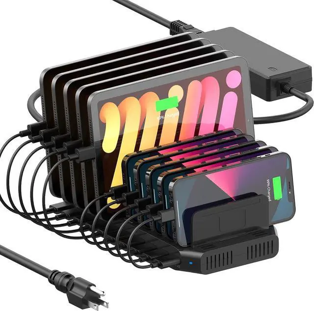 Main image of Alxum USB Fast Charging Station with Quick Charge 3.0, 10 Port Charging Stand for Multiple Devices, Compatible with iPad, iPhone, Samsung Galaxy, Black