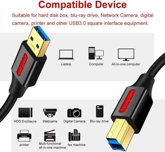 Alt view image 3 of 7 - Yeung Qee USB 3.0 Cable A Male to B Male 15 ft,Superspeed USB 3.0 Type A to B Male Cable Compatible with Printers,Docking Station,External Hard Drivers,Scanner,USB Hub and More Devices (15FT/5M)