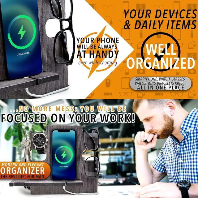 Alt view image 2 of 7 - Phone Docking Station, Wood Phone Stand Personalized, Nightstand Organizer, Gifts for Him, Gadgets for Men, Dad Birthday Gift, Fathers Day, Man Ideas, Best Anniversary Presents