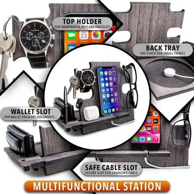 Alt view image 3 of 7 - Phone Docking Station, Wood Phone Stand Personalized, Nightstand Organizer, Gifts for Him, Gadgets for Men, Dad Birthday Gift, Fathers Day, Man Ideas, Best Anniversary Presents
