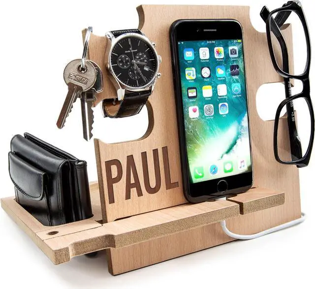 Main image of Phone Docking Station, Wood Phone Stand Personalized, Nightstand Organizer, Gifts for Him, Gadgets for Men, Dad Birthday Gift, Fathers Day, Man Ideas, Best Anniversary Presents