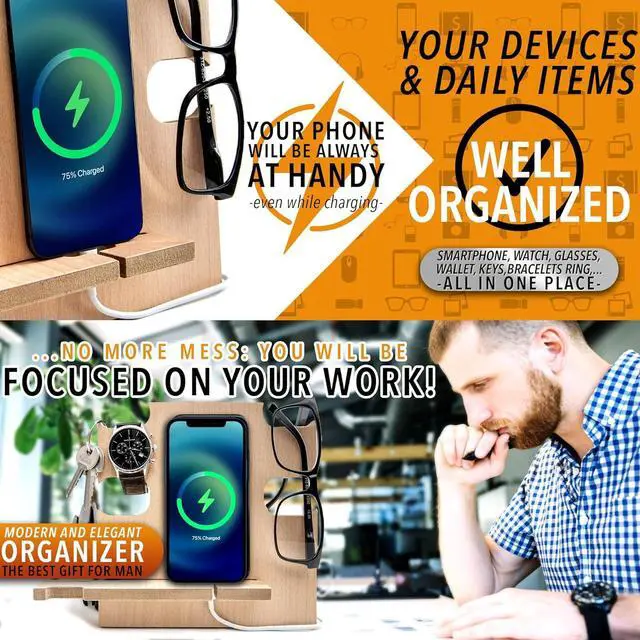 Alt view image 2 of 7 - Phone Docking Station, Wood Phone Stand Personalized, Nightstand Organizer, Gifts for Him, Gadgets for Men, Dad Birthday Gift, Fathers Day, Man Ideas, Best Anniversary Presents