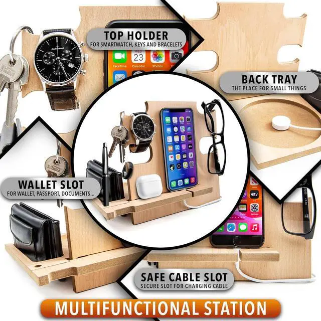 Alt view image 3 of 7 - Phone Docking Station, Wood Phone Stand Personalized, Nightstand Organizer, Gifts for Him, Gadgets for Men, Dad Birthday Gift, Fathers Day, Man Ideas, Best Anniversary Presents