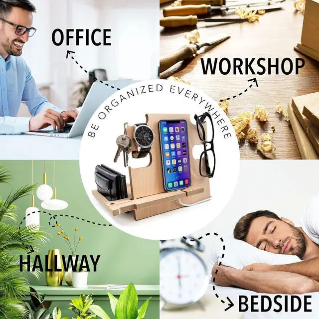 Alt view image 5 of 7 - Phone Docking Station, Wood Phone Stand Personalized, Nightstand Organizer, Gifts for Him, Gadgets for Men, Dad Birthday Gift, Fathers Day, Man Ideas, Best Anniversary Presents
