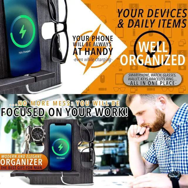 Alt view image 2 of 7 - Phone Docking Station, Wood Phone Stand Personalized, Nightstand Organizer, Gifts for Him, Gadgets for Men, Dad Birthday Gift, Fathers Day, Man Ideas, Best Anniversary Presents