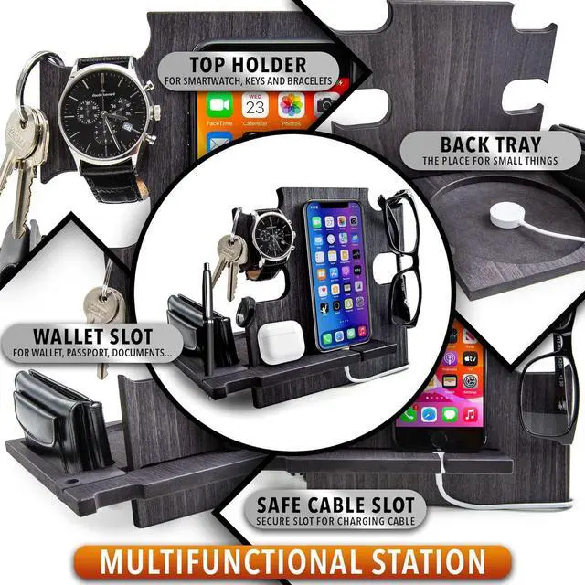 Alt view image 3 of 7 - Phone Docking Station, Wood Phone Stand Personalized, Nightstand Organizer, Gifts for Him, Gadgets for Men, Dad Birthday Gift, Fathers Day, Man Ideas, Best Anniversary Presents