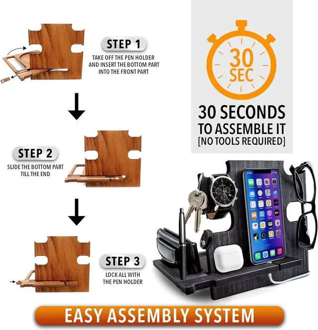 Alt view image 4 of 7 - Phone Docking Station, Wood Phone Stand Personalized, Nightstand Organizer, Gifts for Him, Gadgets for Men, Dad Birthday Gift, Fathers Day, Man Ideas, Best Anniversary Presents