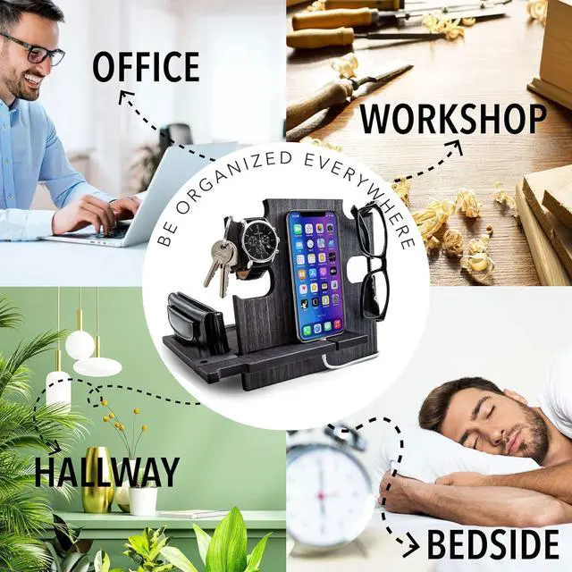 Alt view image 5 of 7 - Phone Docking Station, Wood Phone Stand Personalized, Nightstand Organizer, Gifts for Him, Gadgets for Men, Dad Birthday Gift, Fathers Day, Man Ideas, Best Anniversary Presents