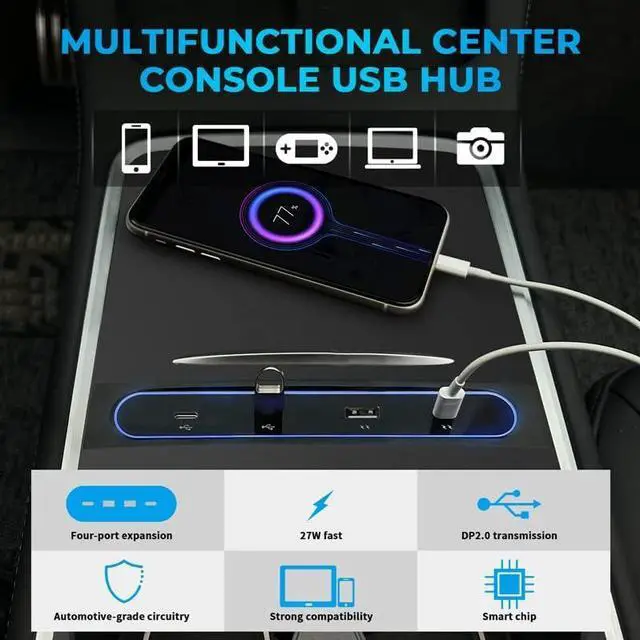 Alt view image 5 of 7 - YKLLSKYBIRD for Tesla Model 3 Y 2021 2022 27W Quick Charger USB Shunt Hub Intelligent Docking Station Car Adapter Powered Splitter Extension