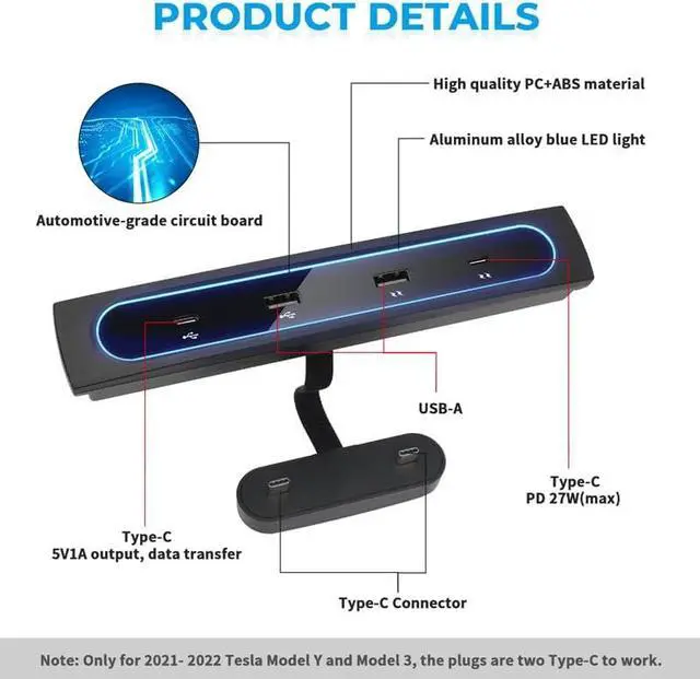 Alt view image 2 of 7 - YKLLSKYBIRD for Tesla Model 3 Y 2021 2022 27W Quick Charger USB Shunt Hub Intelligent Docking Station Car Adapter Powered Splitter Extension