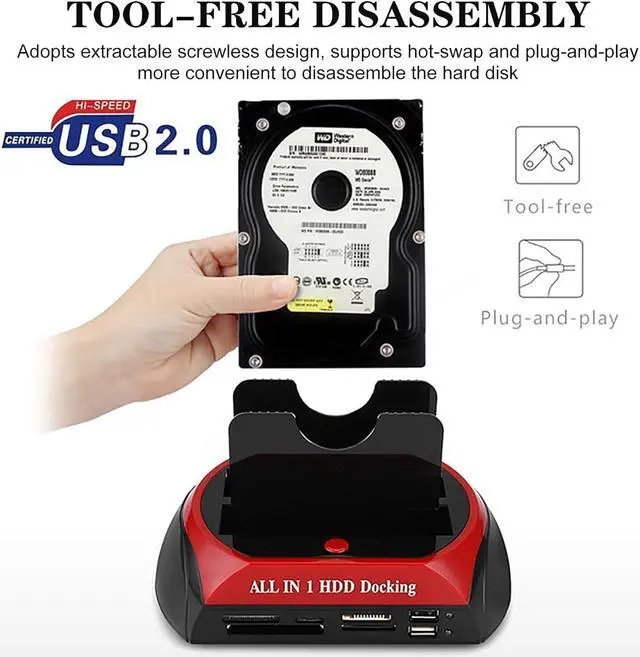 Alt view image 3 of 7 - Dual SATA IDE HDD Docking Station, 2.5 3.5 HDD Docking Station Enclosure, with Card Reader and USB 2.0 Hub, for Windows, MAC, Linux