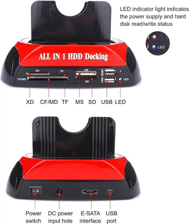 Alt view image 4 of 7 - Dual SATA IDE HDD Docking Station, 2.5 3.5 HDD Docking Station Enclosure, with Card Reader and USB 2.0 Hub, for Windows, MAC, Linux