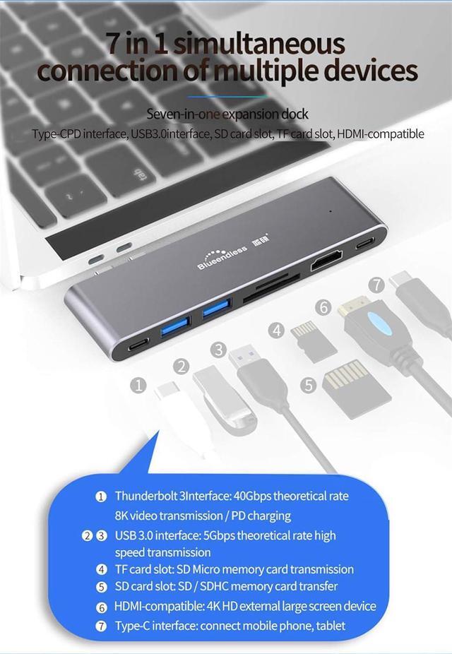 Alt view image 3 of 7 - Dual-Type C Hub to HDMI,4K USB3.0 Splitter Port,Laptop Docking Station,7 in 1 USB C Adapter,for MacBook Pro2016/Air18/17/18