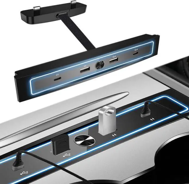 Main image of USB Hub Multiport Adapter for Car, 4 in 1 LED Hub for Tesla 2022 2023 Model 3 Model Y, Car USB Charger Multi Port, Compatible Docking Station of Center Console Smart Sensor with Blue Led Light