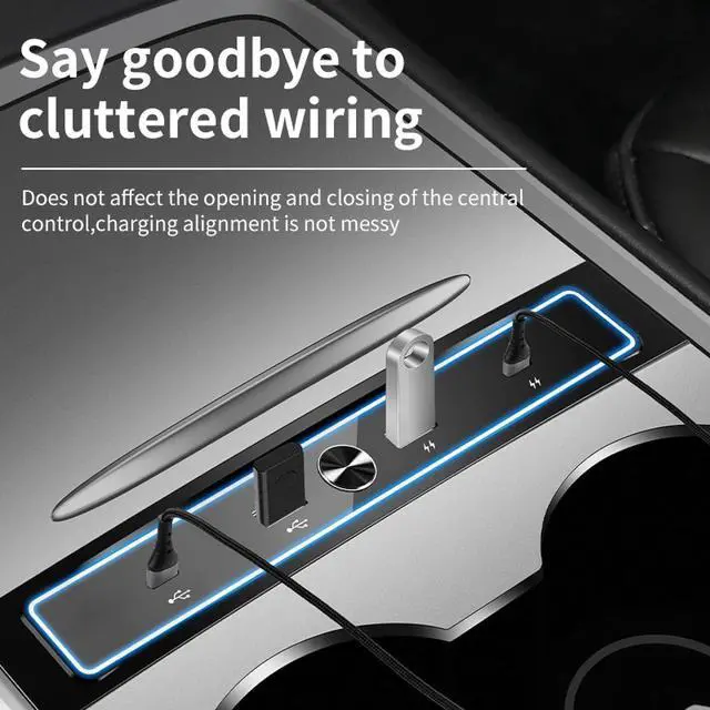 Alt view image 3 of 6 - USB Hub Multiport Adapter for Car, 4 in 1 LED Hub for Tesla 2022 2023 Model 3 Model Y, Car USB Charger Multi Port, Compatible Docking Station of Center Console Smart Sensor with Blue Led Light