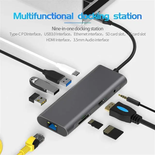 Alt view image 2 of 7 - Type-C Docking Station,HDMI/LAN Network Port/PD Fast Charge,3xUSB 3.0,SD TF Card Slot,3.5mm Earphone 9-in-1 Converter,Notebook Docking Station