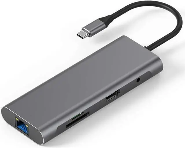 Main image of USB C-Type Hub Adapter 9-in-1 Aluminum USB-C Docking Station with USB 3.0 X 3, 4K HDMI, SD/Micro SD Card Reader Ethernet Port 3.5 Audio Cable