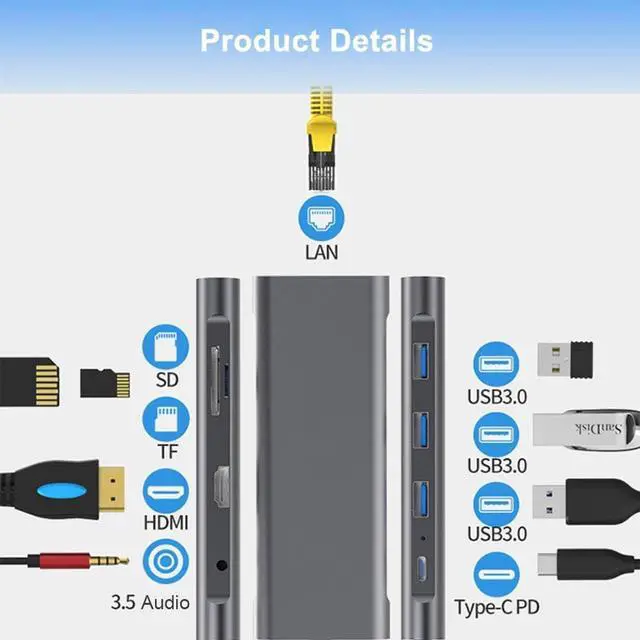 Alt view image 2 of 7 - USB C-Type Hub Adapter 9-in-1 Aluminum USB-C Docking Station with USB 3.0 X 3, 4K HDMI, SD/Micro SD Card Reader Ethernet Port 3.5 Audio Cable