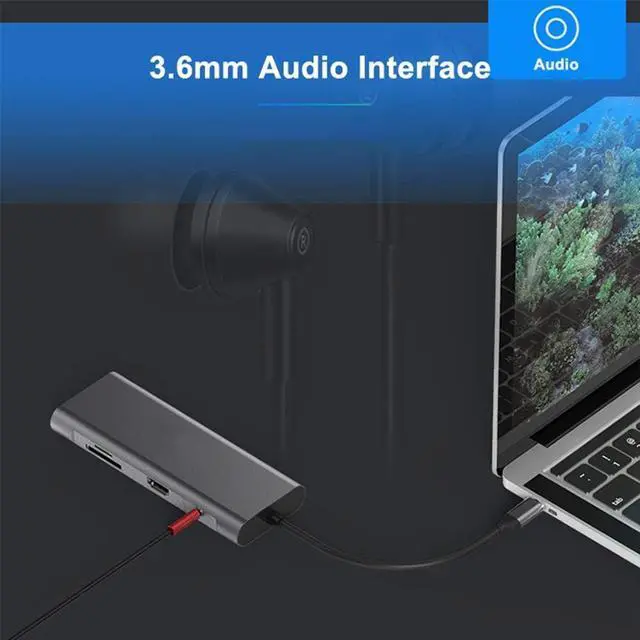 Alt view image 7 of 7 - USB C-Type Hub Adapter 9-in-1 Aluminum USB-C Docking Station with USB 3.0 X 3, 4K HDMI, SD/Micro SD Card Reader Ethernet Port 3.5 Audio Cable