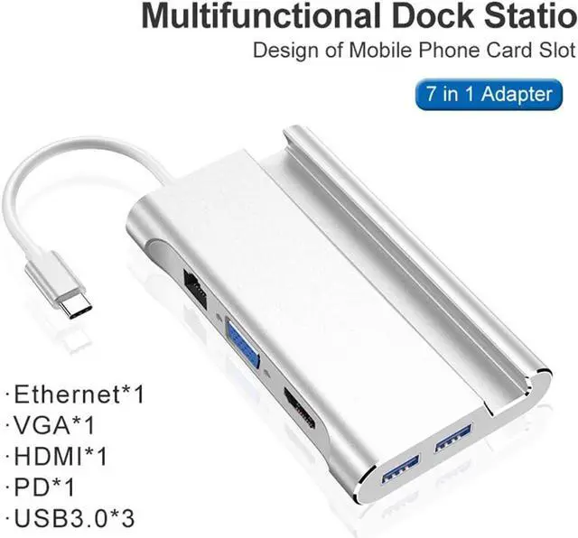 Alt view image 2 of 7 - Type-C Expansion Dock Seven-in-One HUB Hub with Mobile Phone Bracket Office Laptop Docking Station 3.0-Gigabit Network Port Splitter VGA Adapter