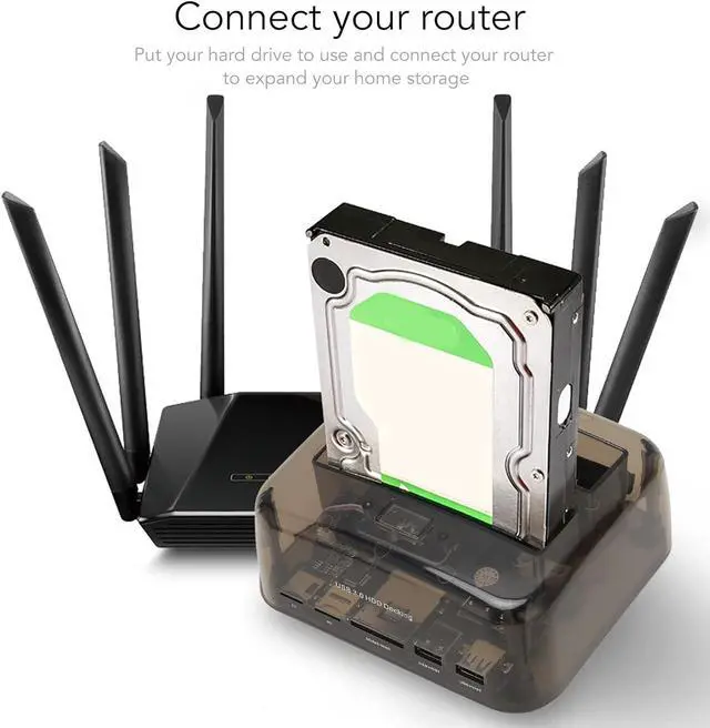 Alt view image 6 of 7 - Dual Bay External Hard Drive Dock, Support 20TB 6Gbps, Hot Swap, USB 3.0, 2 USB3.0 Expansion Ports, Transparent Black, for PC, TV, Router (US Plug)