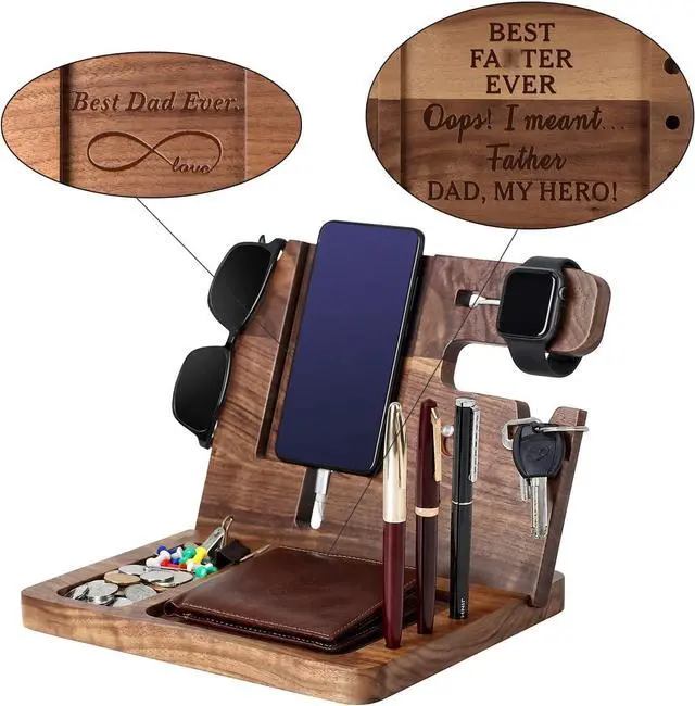 Main image of Ideas for Dad -Wooden Phone Docking Station, Personalized Idea, Custom Engraved Nightstand Organizer with Phone Charge Station, Watch, Key, Wallet Stand, Best Presents for Father's Day, Birthday