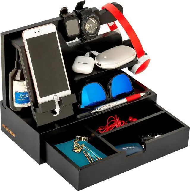 Main image of PREZZIUM Wood Phone Docking Station, Nightstand Organizer, Gifts for Men and Women, Gadgets for Men, Bedroom Organization, Cell Phone Stand Key Holder Wallet Stand, Phone Docking Station