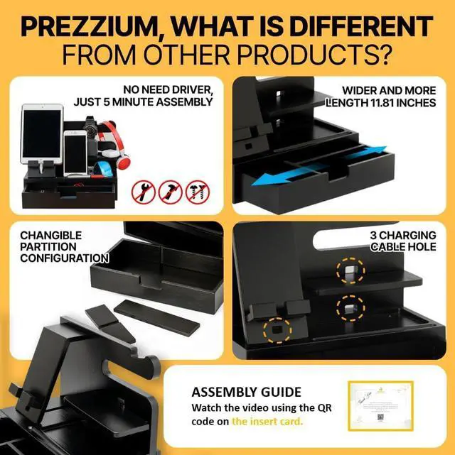 Alt view image 2 of 6 - PREZZIUM Wood Phone Docking Station, Nightstand Organizer, Gifts for Men and Women, Gadgets for Men, Bedroom Organization, Cell Phone Stand Key Holder Wallet Stand, Phone Docking Station